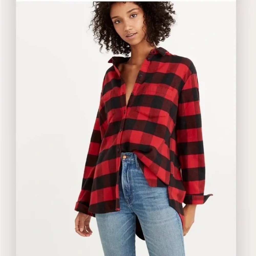 Madewell Oversized Buffalo Plaid Botton Down Flannel Shirt Red Black Size Medium